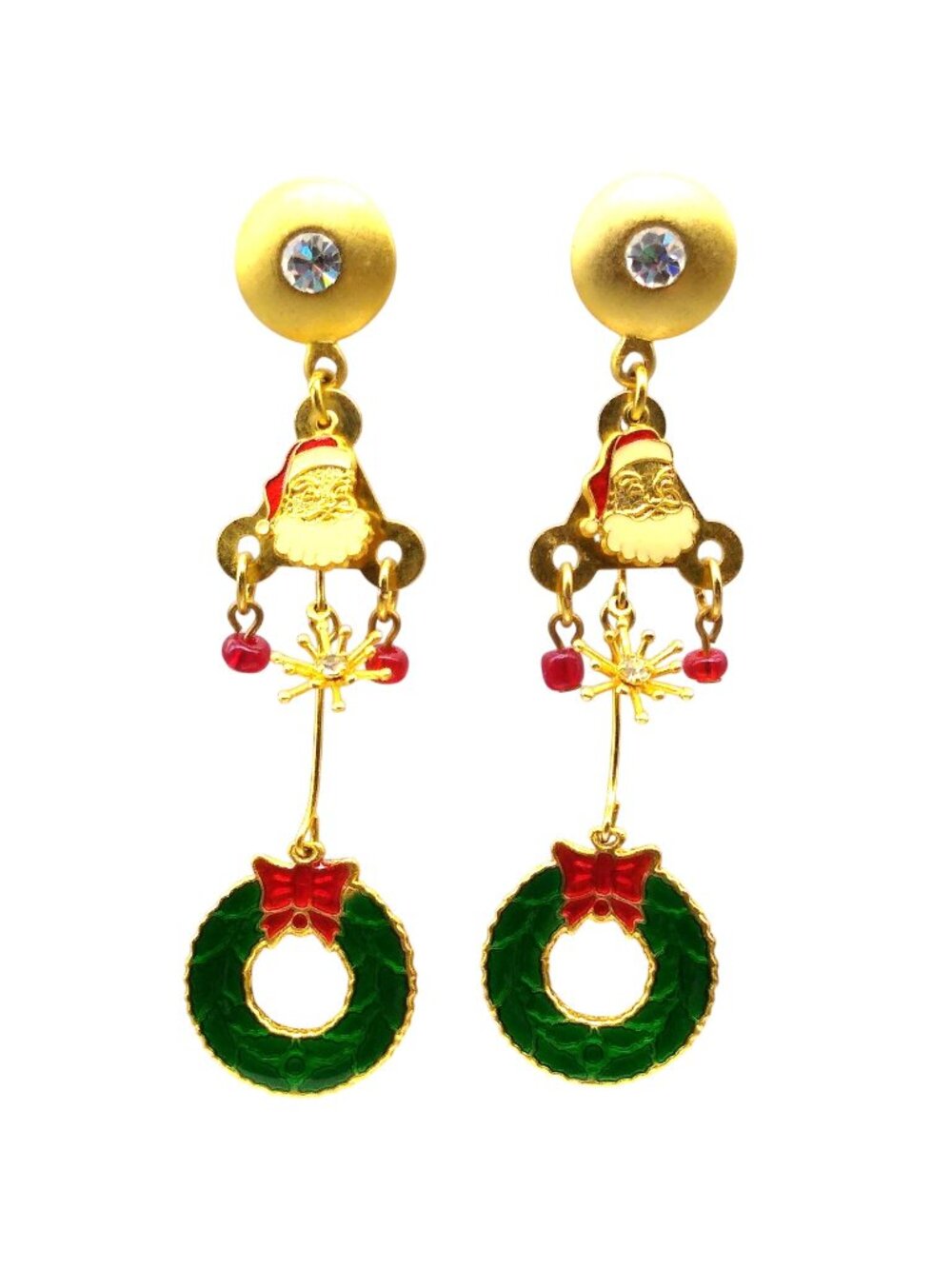 Fun Christams Shoulder Duster Earrings, Gold Tone Crystals Drop to Whimsical